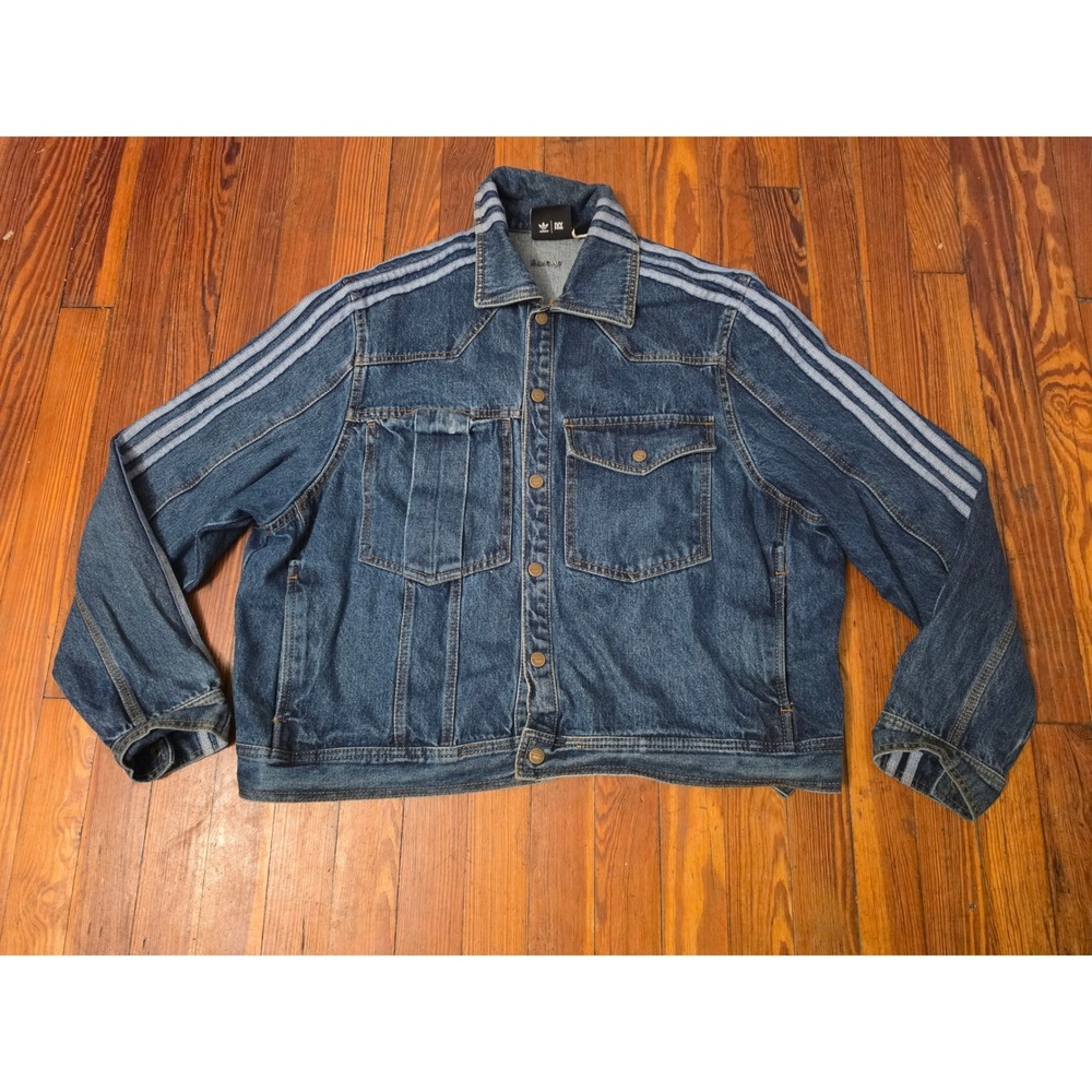 Adidas x Ivy Park Denim Jacket Medium Wash Blue 3-Stripe XS Oversized Boxy Fit